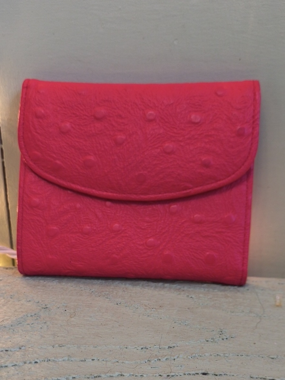 Women's Red Faux Ostrich Skin Snap Closer Pocket Wallet